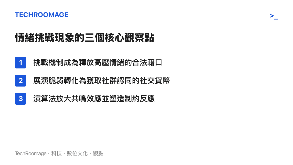 清單卡片列出情緒挑戰現象的三個核心觀察點，包含情緒釋放、社交貨幣與演算法制約。