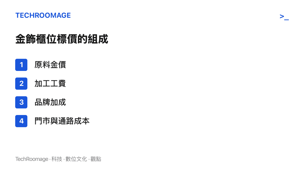 金飾零售標價由原料金價、加工工費、品牌加成與門市通路成本四個部分疊加而成