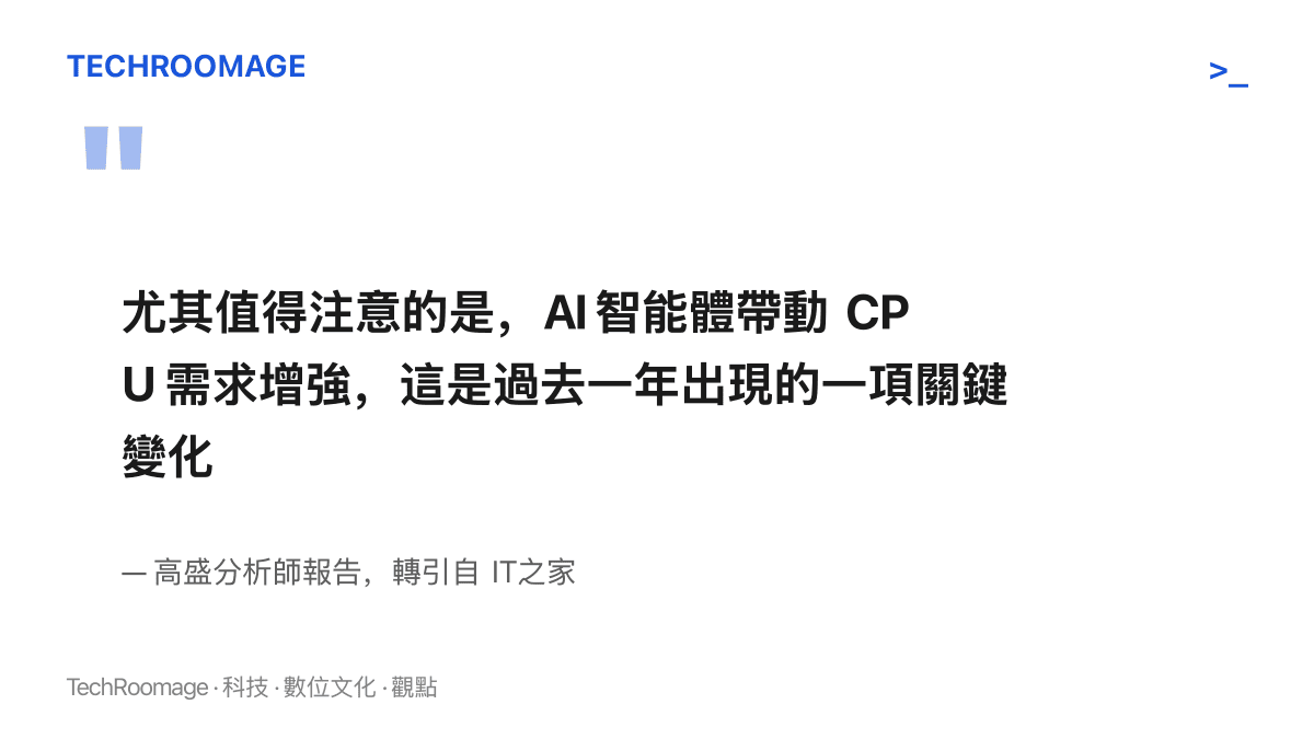 引言圖卡呈現高盛分析師報告的原文，指出 AI 智慧體帶動 CPU 需求增強，是過去一年出現的一項關鍵變化