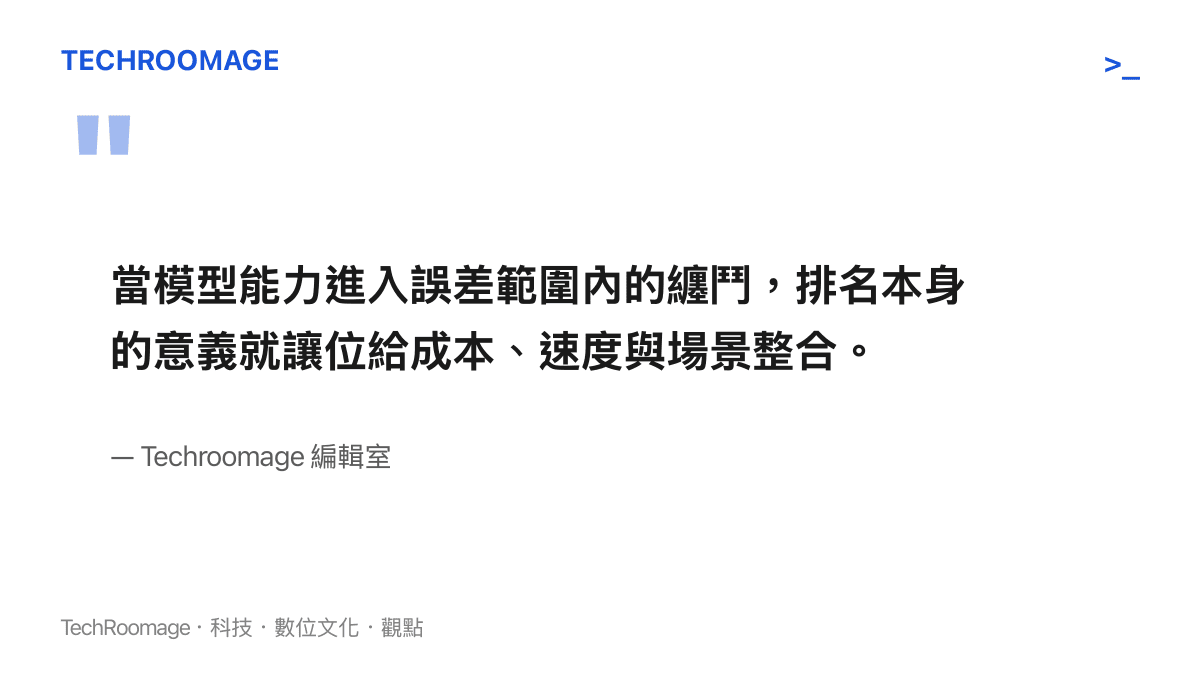 編輯室觀點：當模型能力趨同，排名意義讓位給成本速度與場景整合