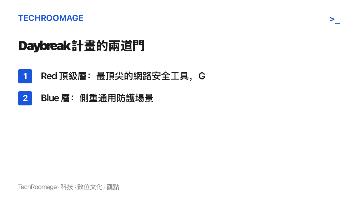 圖卡列出 OpenAI Daybreak 網路安全計畫的 Red 與 Blue 兩個申請制存取層級，說明各層開放的工具範圍與用途
