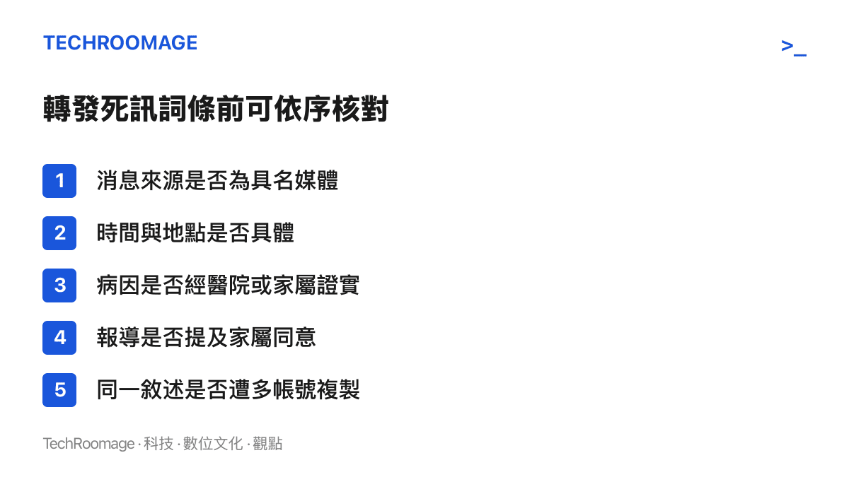 清單圖卡列出轉發死訊類熱搜詞條前的核對訊號，包括來源是否具名、時間地點、病因證實、家屬同意與內容重複度