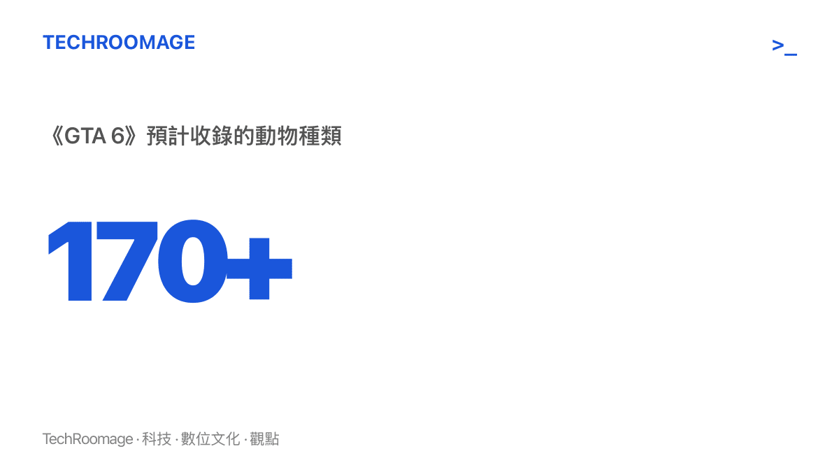 GTA 6 將收錄超過一百七十種動物，其中包括可供玩家觀察研究的稀有與傳奇品種，顯示開發產能投向可互動的生態系統