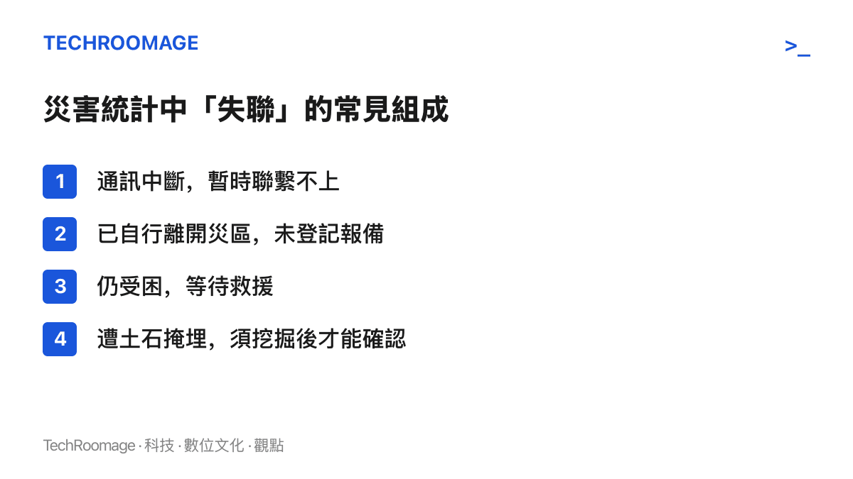 災害統計中失聯的四種常見組成：通訊中斷暫時失聯、自行離開災區未登記、受困待援，以及遭土石掩埋須挖掘後確認