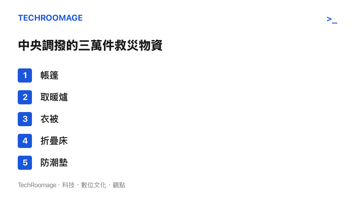 清單圖列出中央三部門調撥的三萬件救災物資品項，包含帳篷、取暖爐、衣被、折疊牀與防潮墊，用於吉隆災區羣眾轉移安置