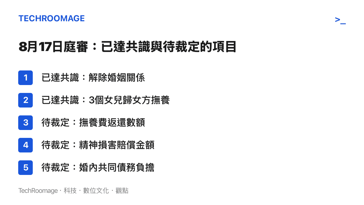 清單圖列出八月十七日庭審中雙方已達成共識的離婚與三個女兒撫養權歸女方，以及仍待法院裁定的撫養費返還數額、精神損害賠償金額與共同債務負擔三項分歧