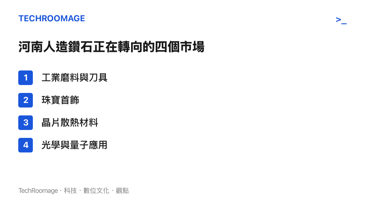 列出河南人造鑽石的四個應用市場：工業磨料與刀具、珠寶首飾、晶片散熱材料，以及光學與量子應用