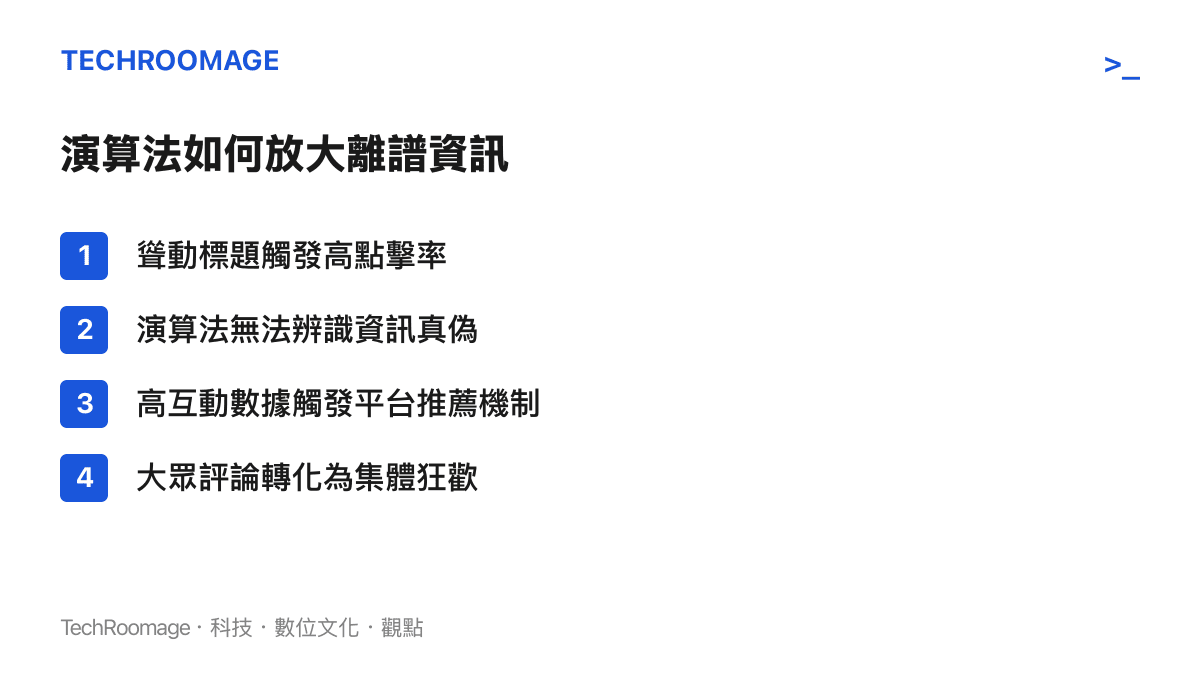 清單圖卡列出演算法放大離譜資訊的四個步驟：聳動標題觸發高點擊率、演算法無法辨識資訊真偽、高互動數據觸發平臺推薦機制、大眾評論轉化為集體狂歡