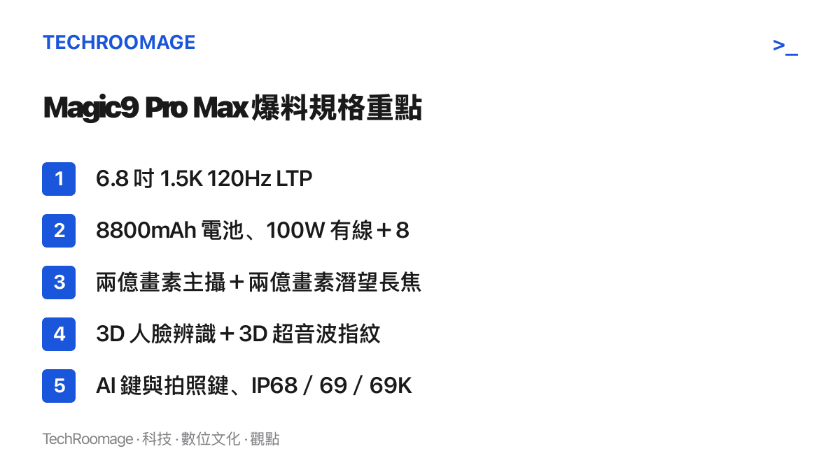 圖卡列出榮耀 Magic9 Pro Max 的爆料規格重點，包括 1.5K LTPO 螢幕、8800mAh 大電池、雙兩億畫素鏡頭、3D 人臉與超音波指紋雙生物辨識，以及實體按鍵與 IP68 等級防護