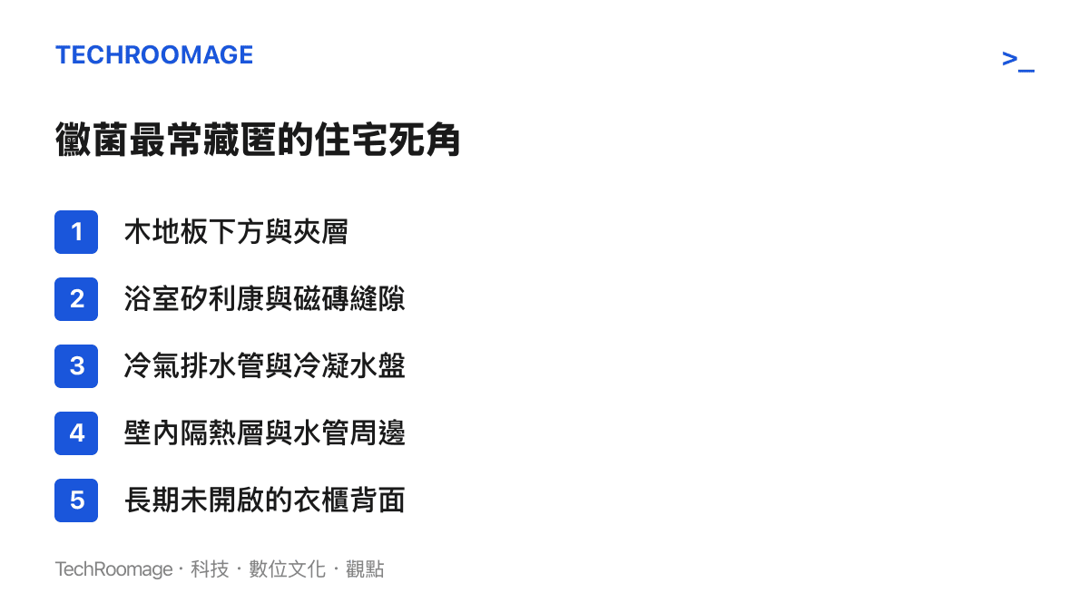 列出住宅內黴菌最常出沒的五個隱蔽位置，包含木地板夾層、浴室縫隙、冷氣管線、牆壁內層與衣櫃背板
