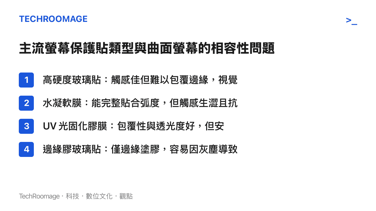 主流螢幕保護貼類型與曲面螢幕的相容性問題