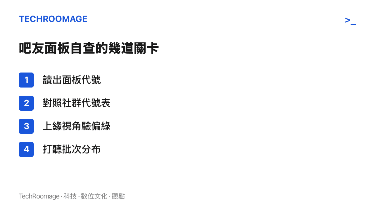 清單圖卡列出首購使用者檢查 iPhone 面板供應商的四個步驟：讀代號、對照代號表、驗偏綠與打聽批次分布