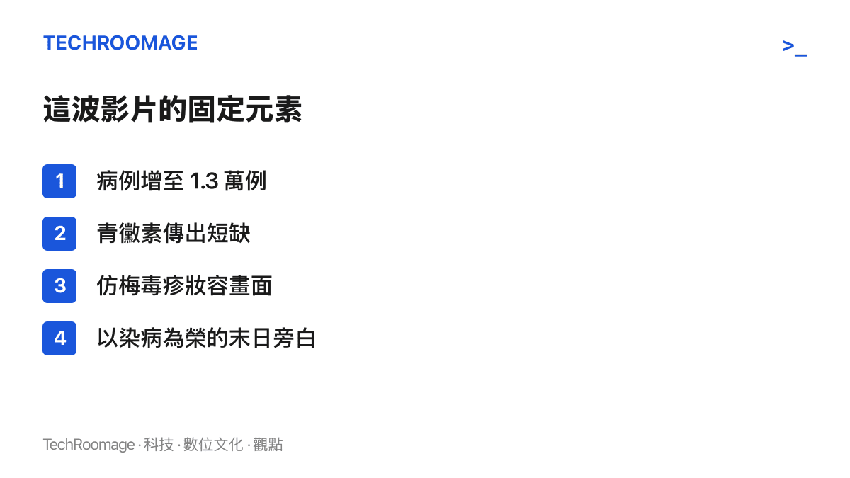 清單圖卡列出這波日本梅毒影片的四個固定元素：病例數字、青黴素短缺消息、仿梅毒疹妝容畫面，以及末日式的道德恐慌旁白