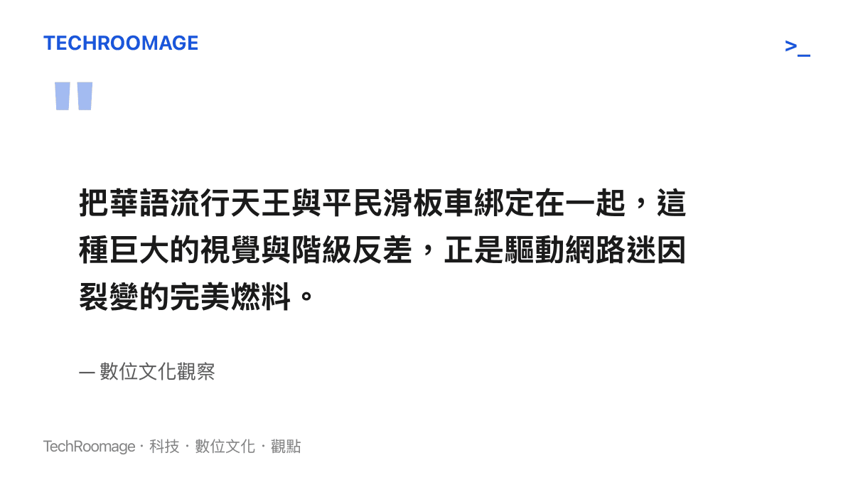 引述網路文化觀點，指出巨大的視覺與階級反差是驅動這則名人迷因在社群平台裂變的完美燃料。