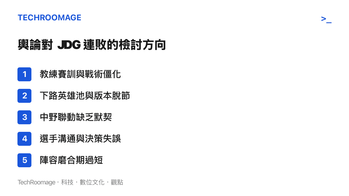 輿論針對 JDG 教練戰術、下路選手英雄池與團隊溝通等五個方向的檢討