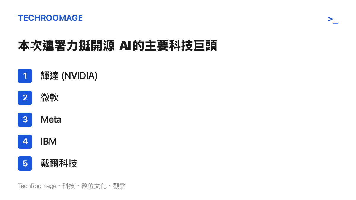 列出輝達、微軟、Meta、IBM、戴爾與 Palantir 等共同簽署公開信支持開源 AI 模型的企業名稱