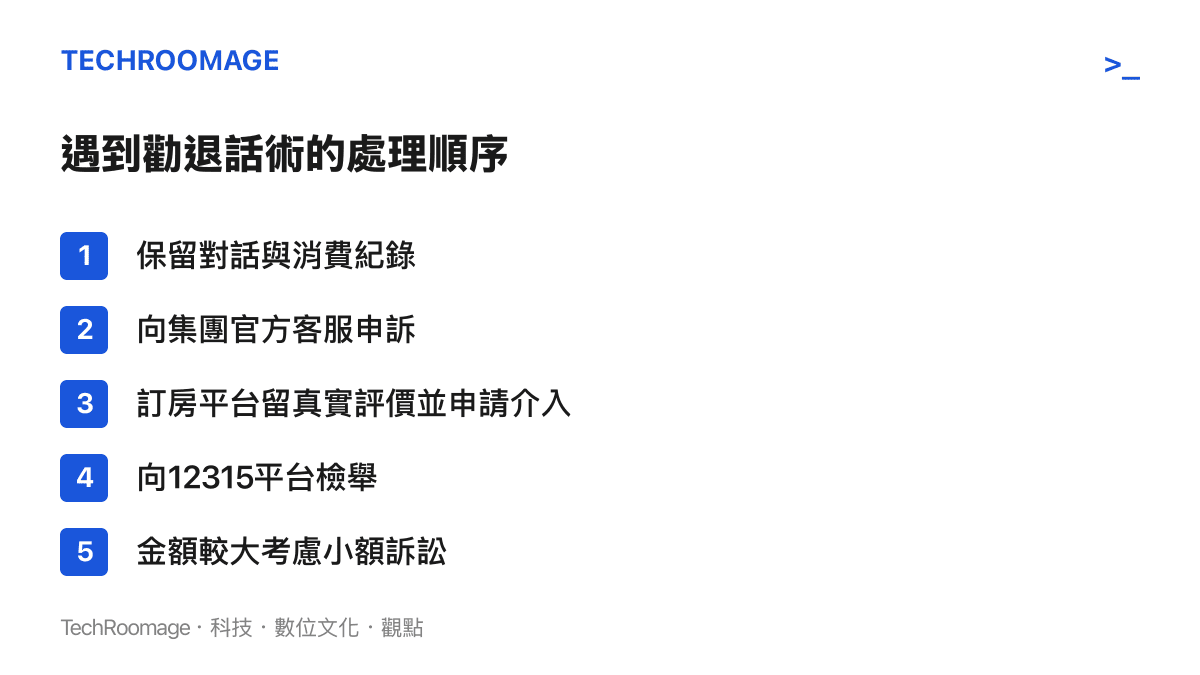 清單列出消費者遇到勸退話術時的五個處理步驟：保留對話與消費紀錄、向集團客服申訴、訂房平臺留評價、向12315檢舉、金額較大時考慮小額訴訟