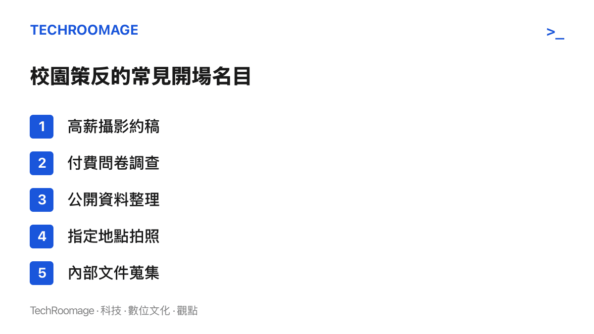 清單圖列出境外情報人員接觸學生常用的五種名目：高薪攝影約稿、付費問卷調查、公開資料整理、指定地點拍照與內部文件蒐集