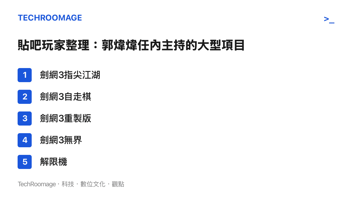 清單圖卡列出貼吧玩家整理郭煒煒任內主持的五個大型項目，包括指尖江湖、自走棋、重製版、無界與解限機