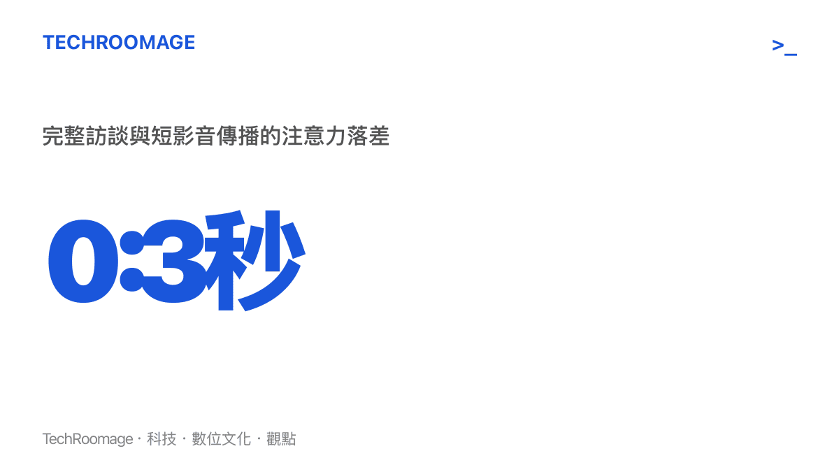 統計圖卡呈現長篇完整專訪與短影音傳播之間的注意力落差，顯示數十分鐘的訪談最終只剩下數秒鐘的情緒片段被大量轉發