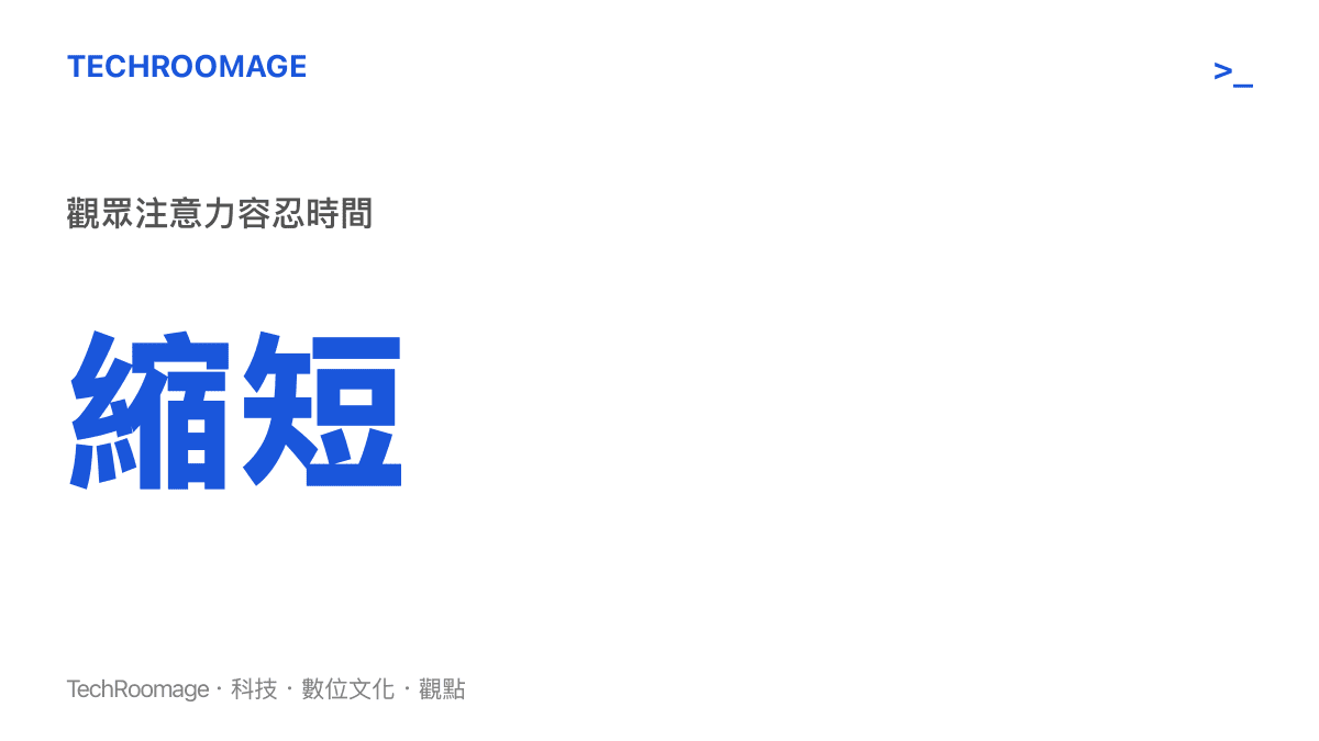 一張數據圖卡，以指標下降的視覺化方式呈現觀眾對影視作品耐心與注意力容忍時間正大幅縮短