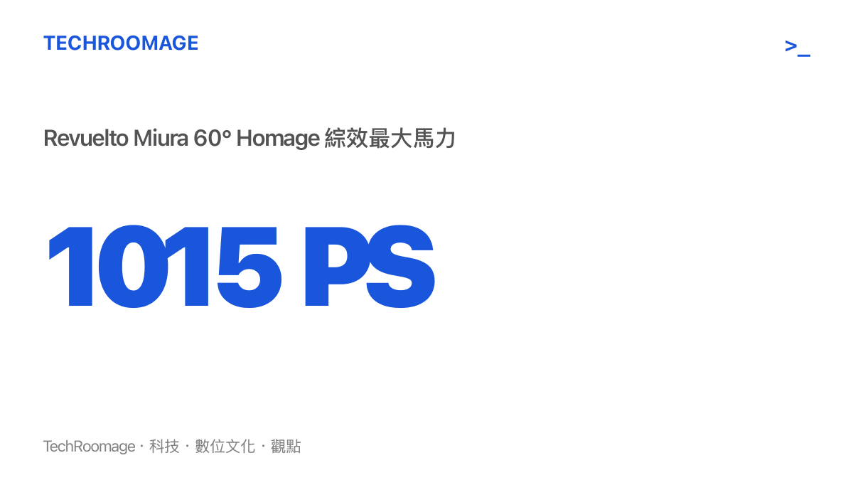 統計數據圖卡呈現 Revuelto Miura 60° Homage 搭載的油電混合動力系統可輸出 1015 匹公制馬力