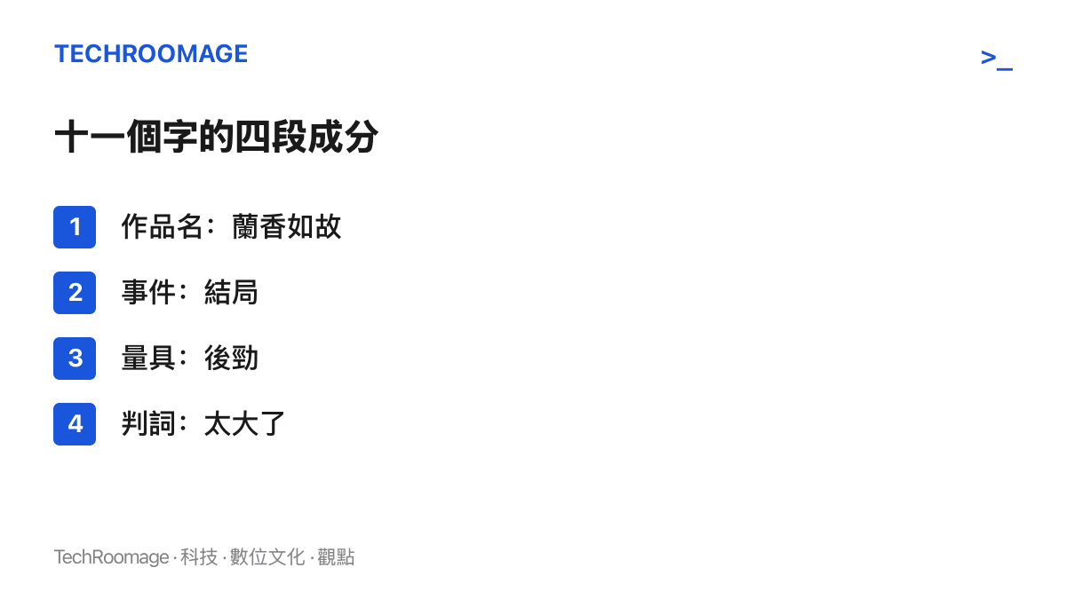 清單圖呈現熱搜詞條十一個字的四段成分，包括作品名蘭香如故、事件結局、借自酒桌用語的量具後勁，以及主觀判詞太大了