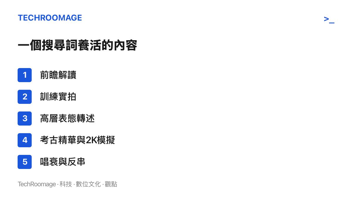 圖卡列舉詹姆斯76人角色搜尋頁上流通的五類內容，包括前瞻解讀、訓練實拍、高層表態轉述、考古精華與2K模擬、唱衰與反串