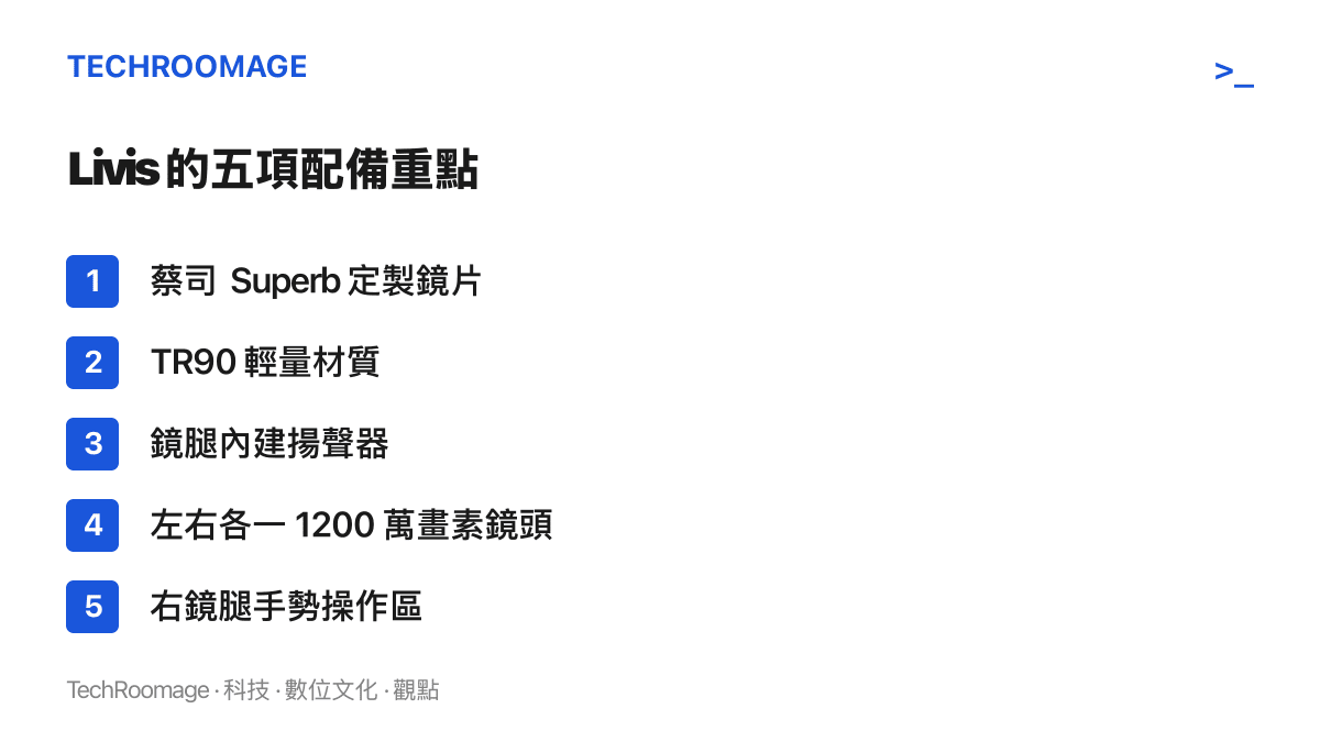 清單列出理想 Livis AI 眼鏡的主要配備：蔡司 Superb 定製鏡片、TR90 輕量材質、鏡腿內建揚聲器、左右各一 1200 萬畫素鏡頭，以及右鏡腿的手勢操作區