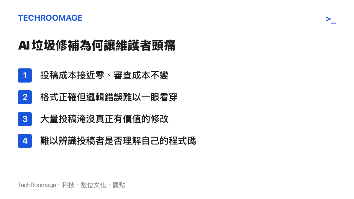 AI 垃圾修補讓開源維護者頭痛的四個原因列表