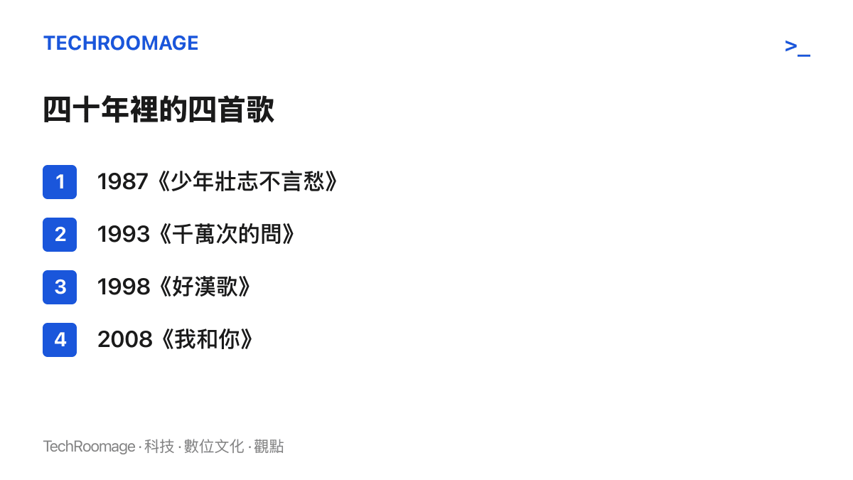 清單圖卡列出劉歡四個時期的代表歌曲，從1987年《少年壯志不言愁》、1993年《千萬次的問》、1998年《好漢歌》到2008年北京奧運開幕式的《我和你》