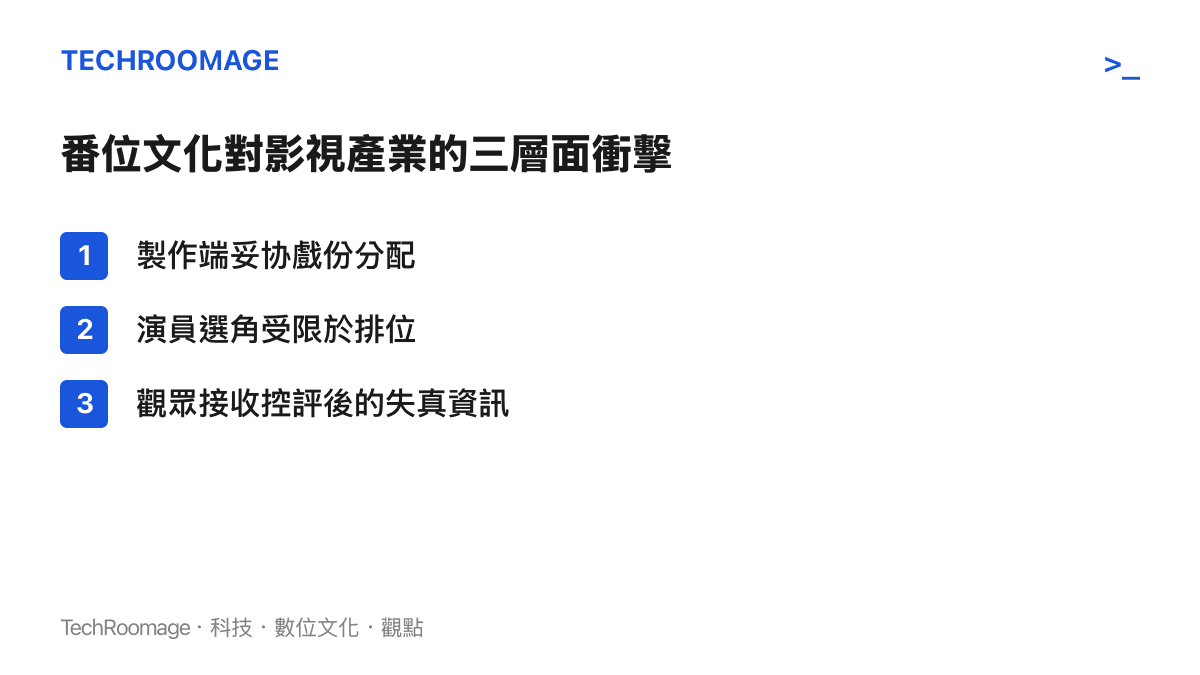 列出番位文化對影視製作邏輯、演員職業發展與觀眾收視體驗造成的負面影響