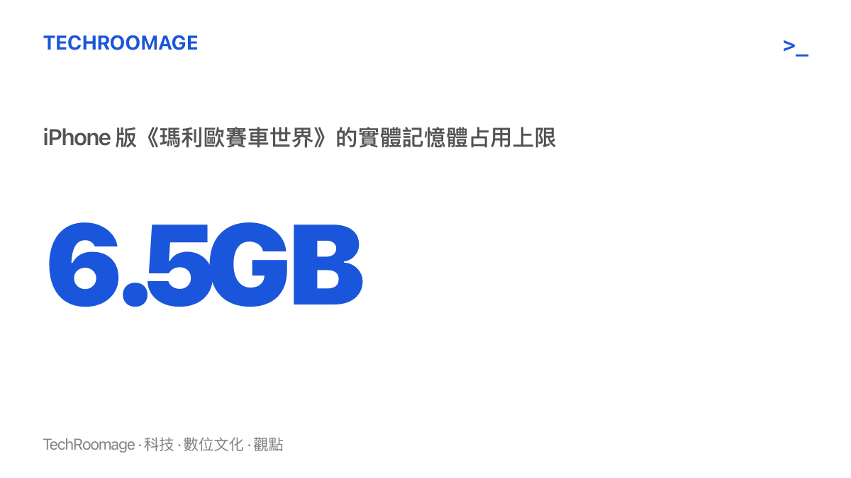 統計圖卡呈現《瑪利歐賽車世界》在 iPhone 18 Pro 上的實體記憶體佔用低於 6.5GB