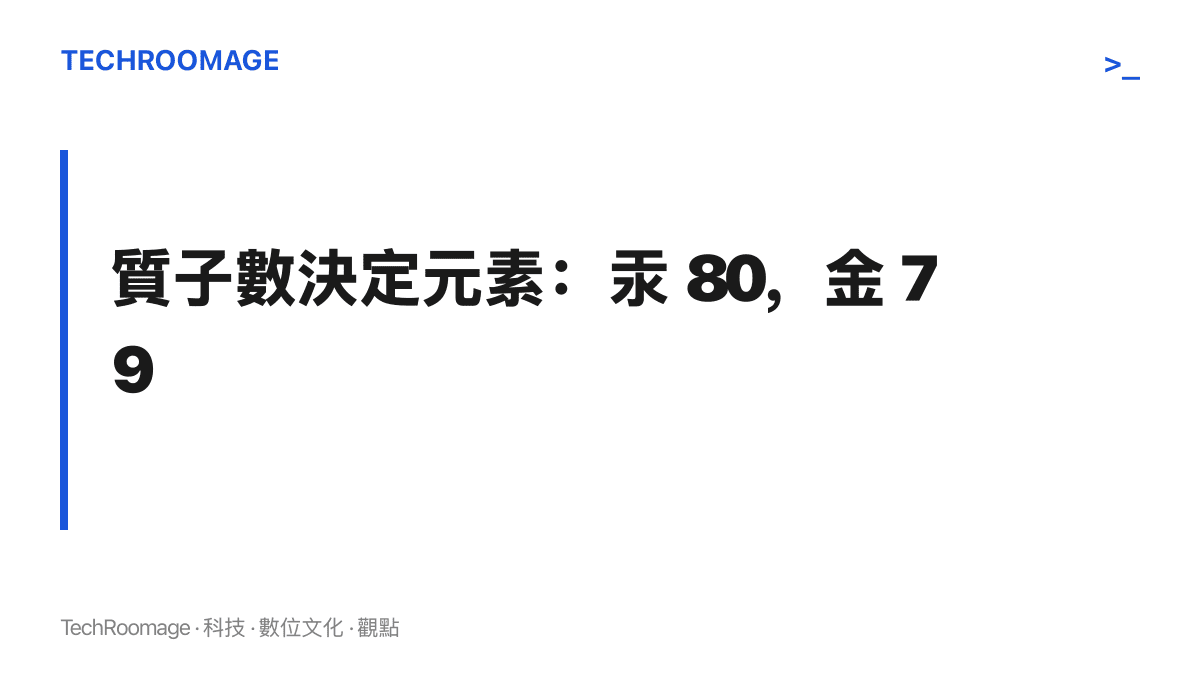 圖卡說明元素身分由原子核內的質子數決定，汞為80個質子、金為79個，兩者僅差一個質子，但改變質子數必須透過核反應才能達成