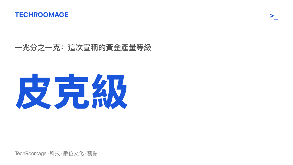 統計圖卡呈現一皮克等於一兆分之一克，說明該新創公司宣稱的產量等級，與商業規模的公克級黃金相差十二個數量級以上