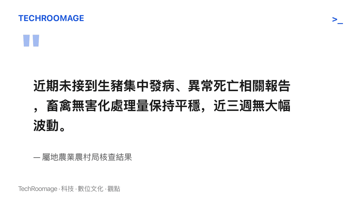 引述屬地農業農村局的核查說明，指出近期未接獲生豬集中發病與異常死亡報告，畜禽無害化處理量維持平穩且近三週無大幅波動