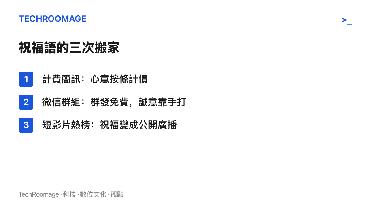 祝福語傳遞方式的三階段變遷清單：計費簡訊時代心意按條計價、微信羣組時代羣發免費而誠意靠手打、短影片熱榜時代祝福成為對陌生人的公開廣播