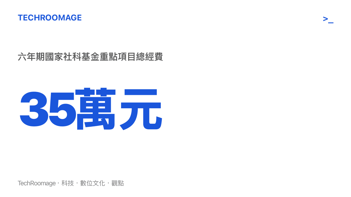 統計圖卡呈現三十五萬元人民幣的科研經費額度，標示為六年期重點項目總預算