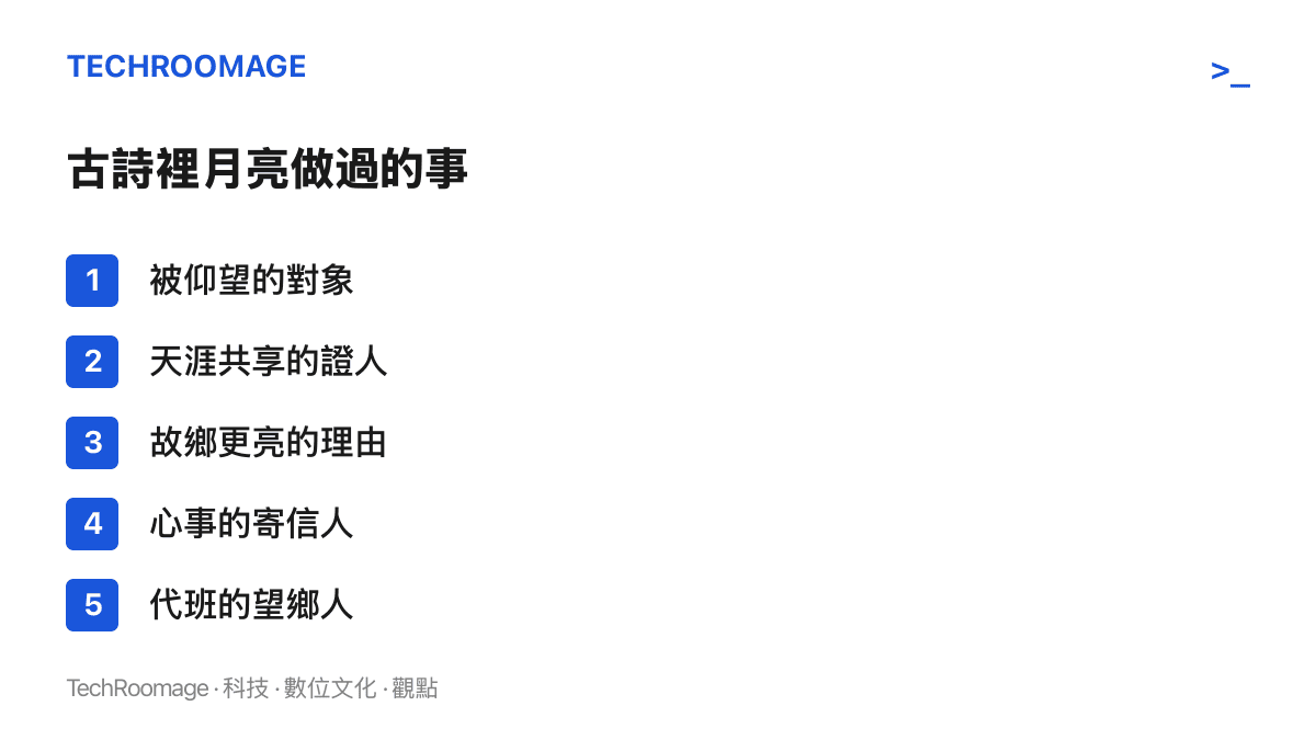 清單圖卡列出月亮在中國古典詩中的五種角色：被仰望的對象、天涯共享的證人、故鄉更亮的理由、心事的寄信人，以及這次熱榜詞條新增的代班望鄉人