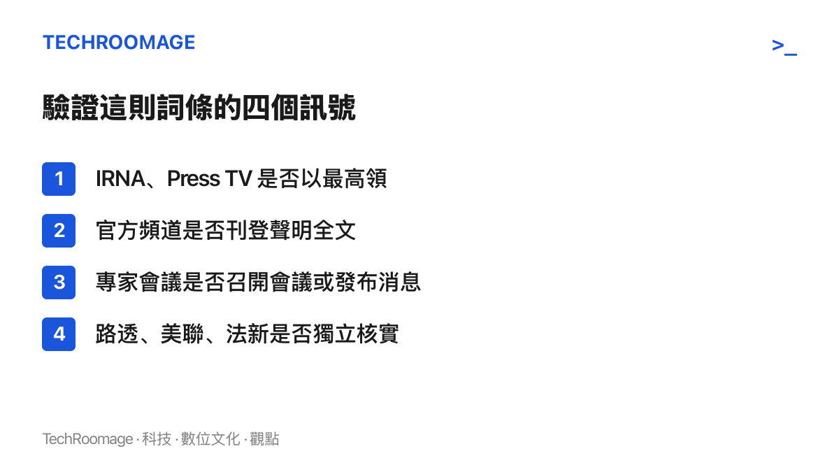 圖中整理核實伊朗領袖相關詞條的四個檢查點：伊朗官方媒體的稱謂、聲明全文是否發布、專家會議的動態，以及國際通訊社的獨立核實