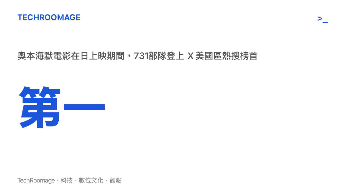 統計圖卡標示七三一部隊在奧本海默電影於日本上映期間，衝上 X 平臺美國區熱門搜尋趨勢第一名