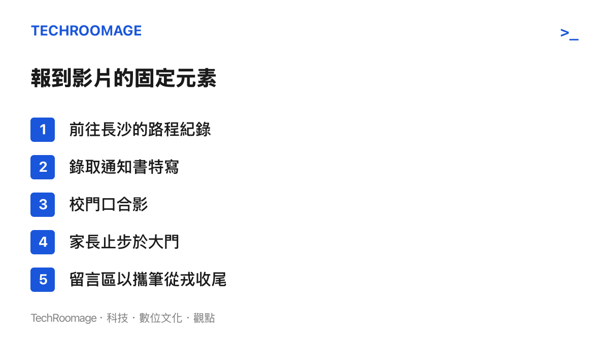 清單圖卡列舉國防科技大學報到影片的常見元素，包括路程紀錄、錄取通知書特寫、校門合影、家長止步大門與留言區的攜筆從戎祝福