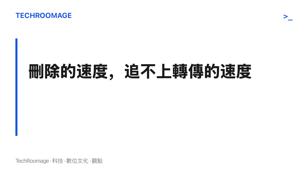 圖卡傳達本節的核心判斷：平臺下架與降熱的處理速度，持續落後於影片被剪輯、轉傳與重新上傳的擴散速度，兩者之間的時間差正是傳播發生的窗口
