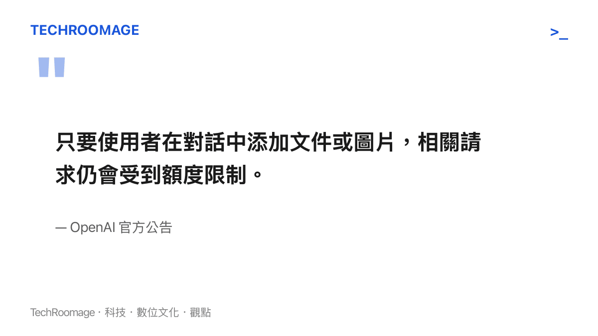 引述 OpenAI 官方公告說明，只要涉及檔案或圖片上傳，免費版仍會受到嚴格額度限制