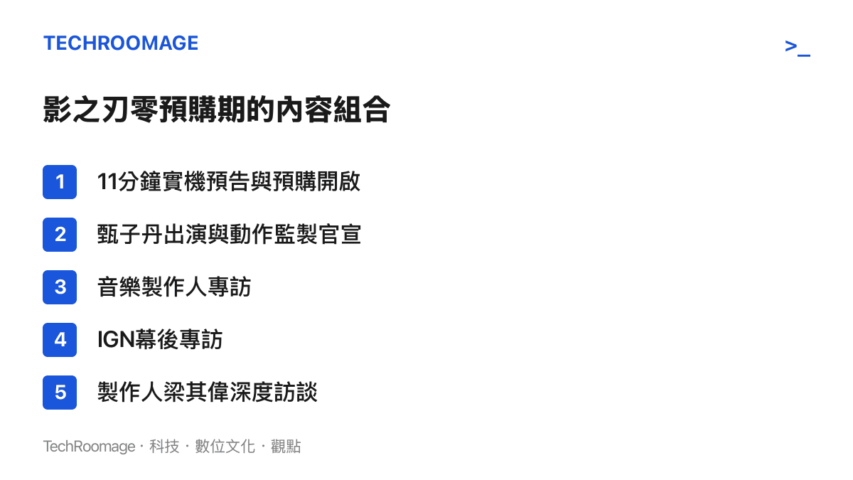 清單圖卡列出影之刃零預購期的五類宣傳內容，包含實機預告與預購、甄子丹官宣、音樂製作人專訪、IGN幕後專訪與製作人梁其偉的深度訪談