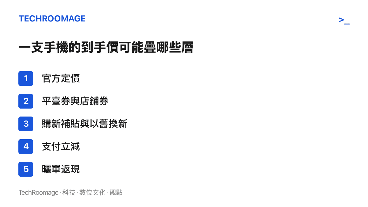 清單列出影響手機實際到手價的五個層次，從官方定價、優惠券、購新補貼與舊換新折抵，到支付立減與曬單返現