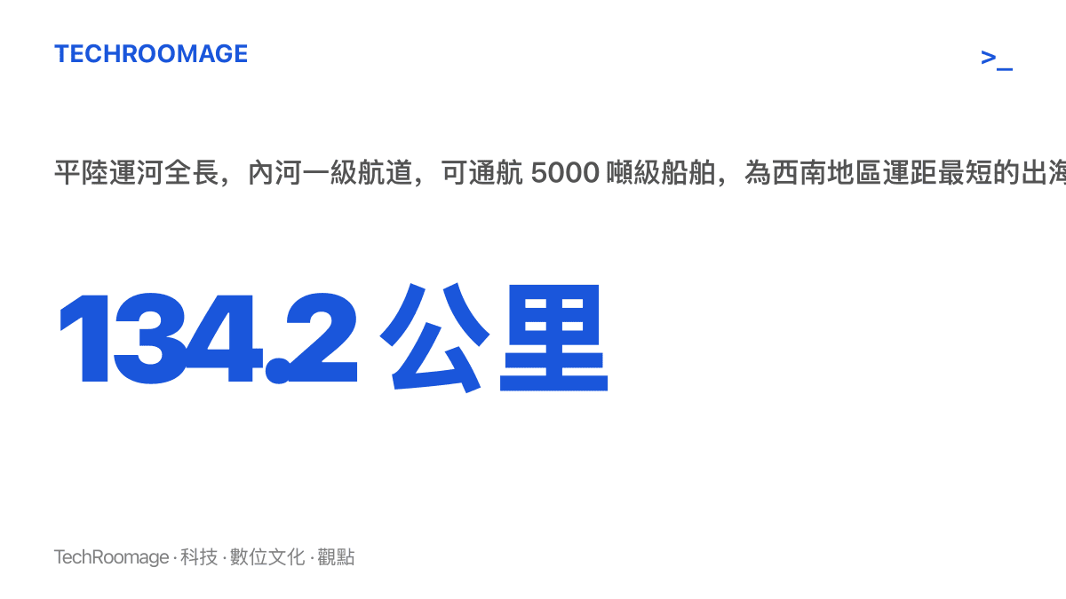 統計圖卡呈現平陸運河全長134.2公裏，屬內河一級航道，可通航5000噸級船舶，是西南地區運距最短的出海水運通道