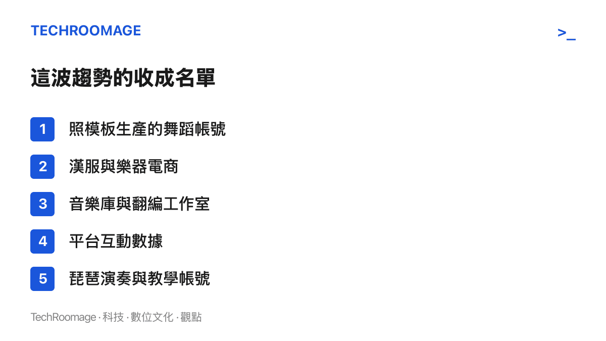 清單列舉琵琶曲古風搖趨勢中各自獲益的五類角色，從舞蹈帳號、漢服電商、音樂庫、平臺到琵琶演奏與教學帳號