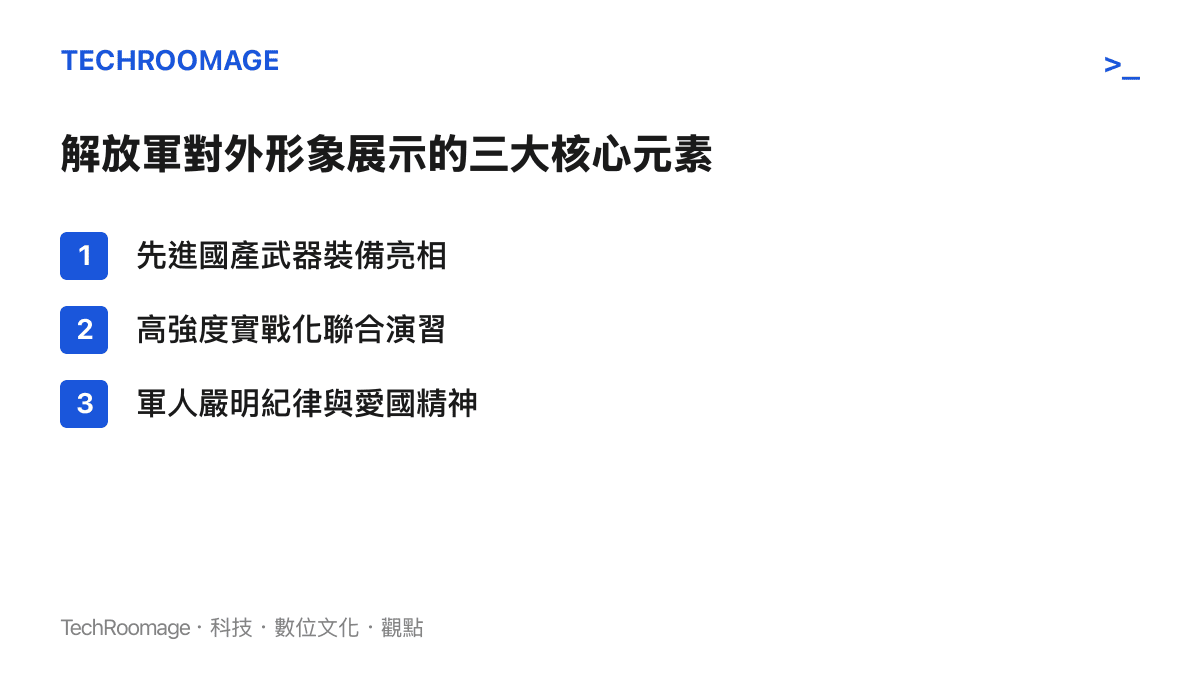 圖卡列舉解放軍在媒體宣傳中常見的三大核心展示元素，包括武器、演習與精神。
