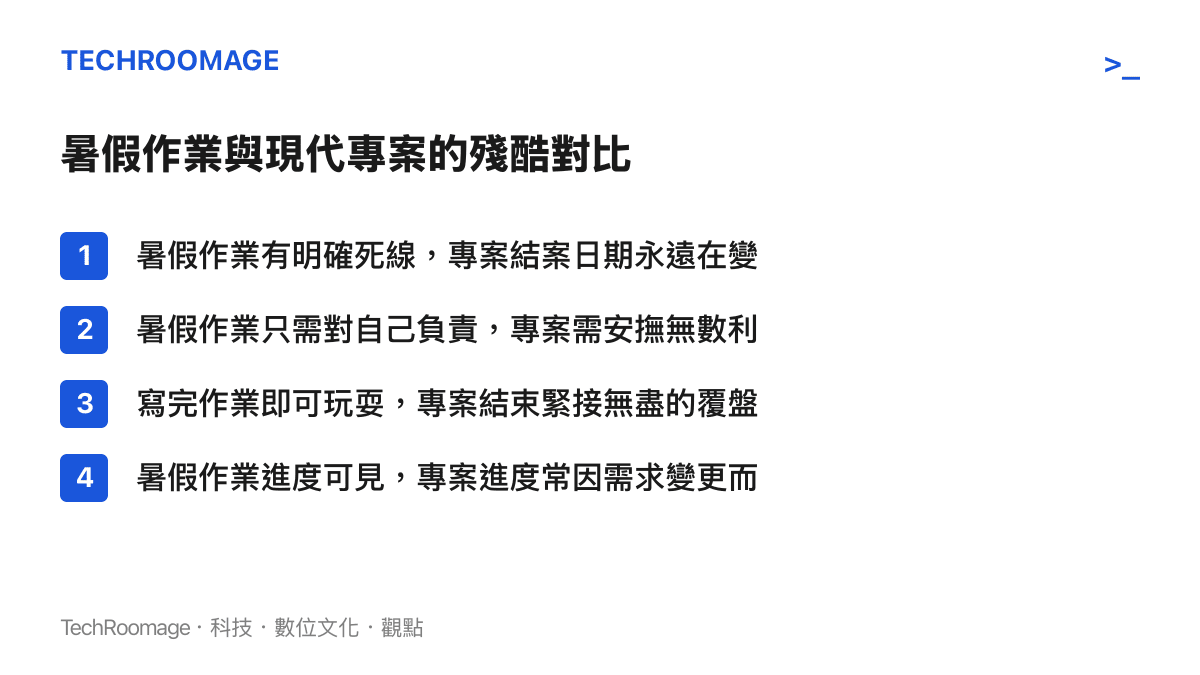 比較暑假作業與現代職場專案在死線、責任歸屬、完成後續事項與進度可見度等四個層面的差異清單